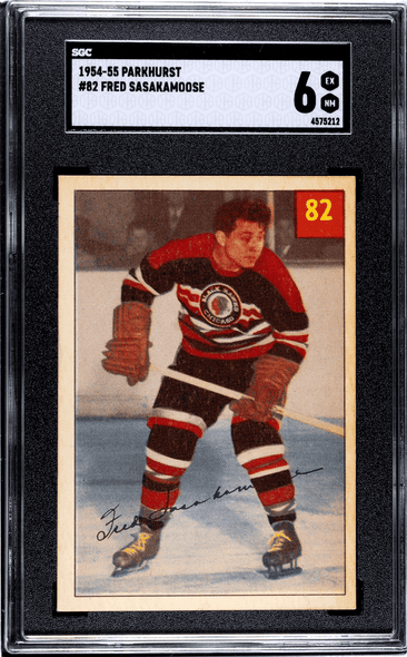 1954-55 Parkhurst Fred Sasakamoose #82 Chicago Blackhawks RC SGC 6 front of card