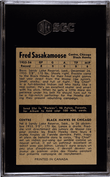 1954-55 Parkhurst Fred Sasakamoose #82 Chicago Blackhawks RC SGC 6 back of card