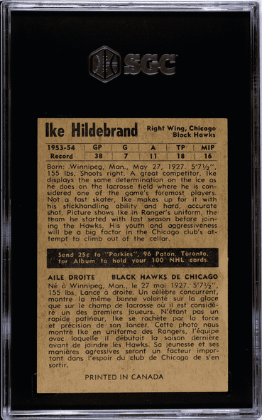 1954-55 Parkhurst Ike Hildebrand #83 New York Rangers RC SGC 5 back of card
