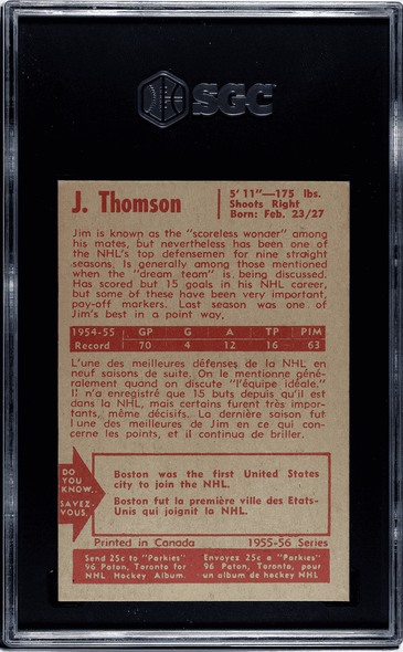 1955-56 Parkhurst Jim Thomson #11 Toronto Maple Leafs SGC Authentic back of card