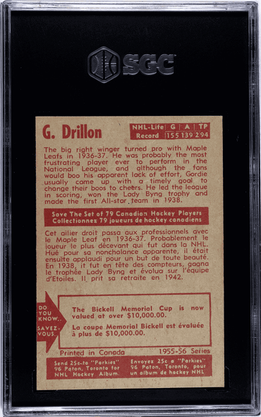 1955-56 Parkhurst Gordie Drillon #25 Toronto Maple Leafs HOF SGC 5.5 back of card