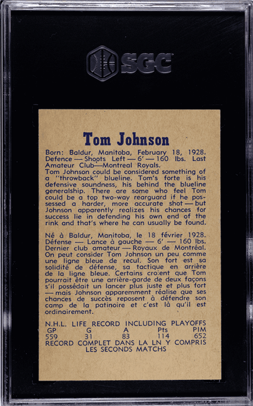1957-58 Parkhurst Tom Johnson #6 Montreal Canadiens HOF SGC 6 back of card