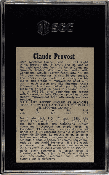 1958-59 Parkhurst Claude Provost #43 Montreal Canadiens SGC 5 back of card
