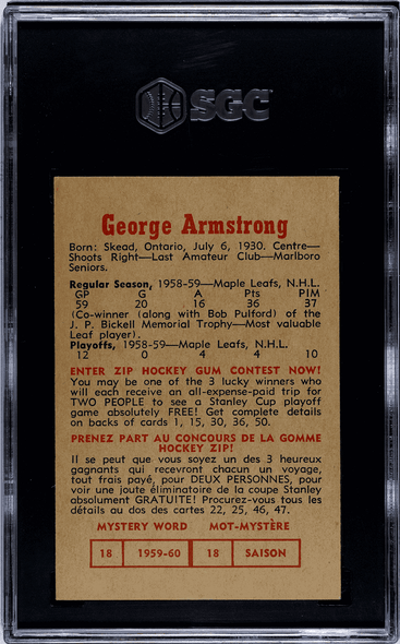 1959-60 Parkhurst George Armstrong #7 Toronto Maple Leafs HOF SGC 6 back of card