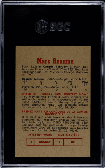 1959-60 Parkhurst Marc Reaume #11 Toronto Maple Leafs SGC 6 back of card