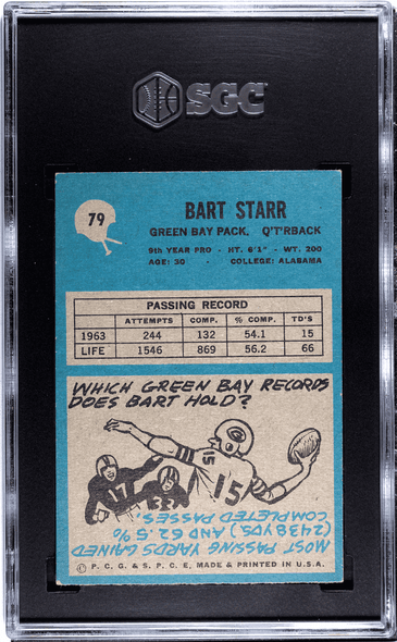 1964 Philadelphia Bart Starr #79 Green Bay Packers HOF SGC 6 back of card