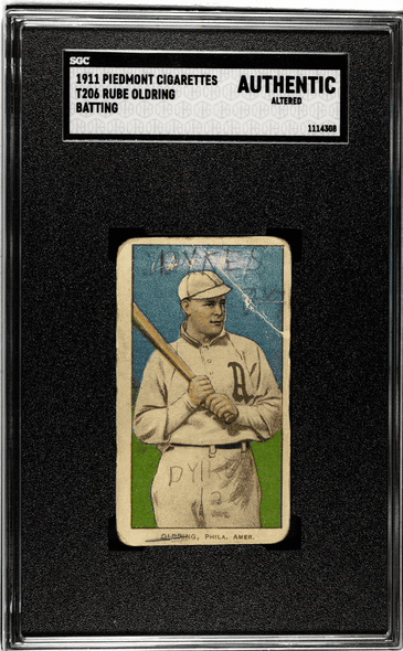 1911 T206 Rube Oldring Piedmont 350-460 Batting Factory No. 25 Philadelphia Amer. SGC Authentic front of card 1911 T206 Rube Oldring Piedmont 350-460 Batting Factory No. 25 Philadelphia Amer. SGC Authentic front of card