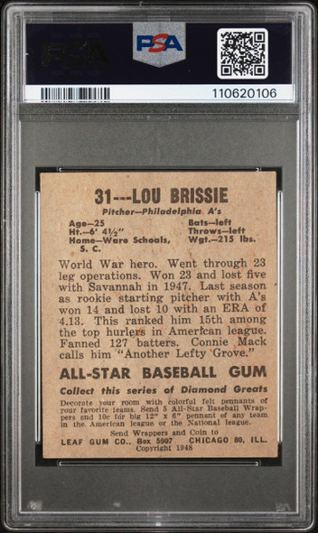 1948 Leaf Lou Brissie #31 Philadelphia Athletics RC PSA 2 back of card 1948 Leaf Lou Brissie #31 Philadelphia Athletics RC PSA 2 back of card