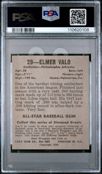 1948 Leaf Elmer Valo #29 Philadelphia Athletics RC PSA 3 back of card 1948 Leaf Elmer Valo #29 Philadelphia Athletics RC PSA 3 back of card