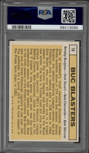 1963 Topps Buc Blasters #18 Pittsburgh Pirates HOF PSA 4 back of card 1963 Topps Buc Blasters #18 Pittsburgh Pirates HOF PSA 4 back of card