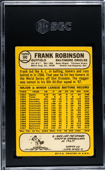 1968 Topps Frank Robinson #500 Baltimore Orioles HOF SGC 2.5 back of card 1968 Topps Frank Robinson #500 Baltimore Orioles HOF SGC 2.5 back of card