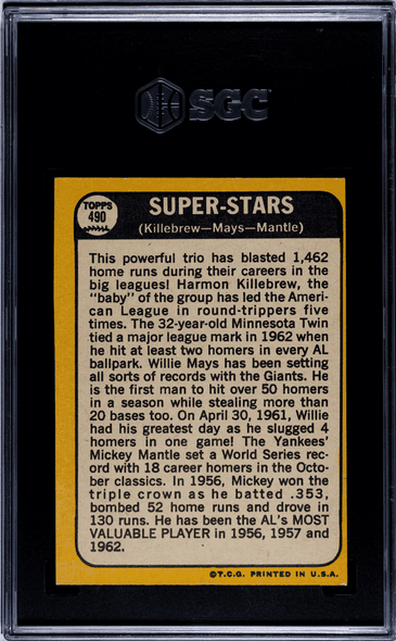 1968 Topps Willie Mays, Mickey Mantle, Harmon Killebrew #490 Multiple HOF SGC 5 back of card 1968 Topps Willie Mays, Mickey Mantle, Harmon Killebrew #490 Multiple HOF SGC 5 back of card