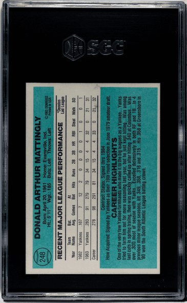 1984 Donruss Don Mattingly #248 New York Yankees SGC 7 back of card 1984 Donruss Don Mattingly #248 New York Yankees SGC 7 back of card