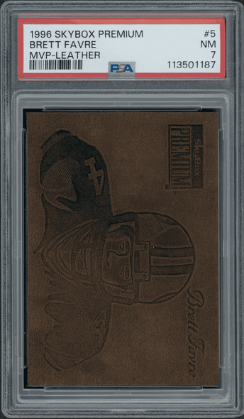 1996 Skybox Premium Brett Favre #5 MVP Leather Green Bay Packers HOF PSA 7 front of card 1996 Skybox Premium Brett Favre #5 MVP Leather Green Bay Packers HOF PSA 7 front of card