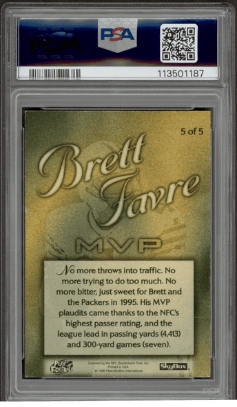 1996 Skybox Premium Brett Favre #5 MVP Leather Green Bay Packers HOF PSA 7 back of card 1996 Skybox Premium Brett Favre #5 MVP Leather Green Bay Packers HOF PSA 7 back of card