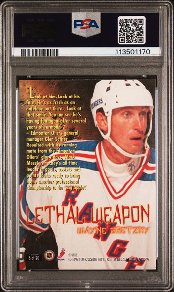 1996 Metal Universe Wayne Gretzky #6 Lethal Weapon New York Rangers HOF PSA 8 back of card