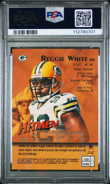 1997 Topps Finest Reggie White #155 Finest Hitmen Atomic Refractor Green Bay Packers HOF PSA 9 back of card