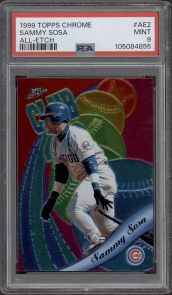 1999 Topps Chrome Sammy Sosa #AE2 All-Etch Chicago Cubs PSA 9 front of card 1999 Topps Chrome Sammy Sosa #AE2 All-Etch Chicago Cubs PSA 9 front of card