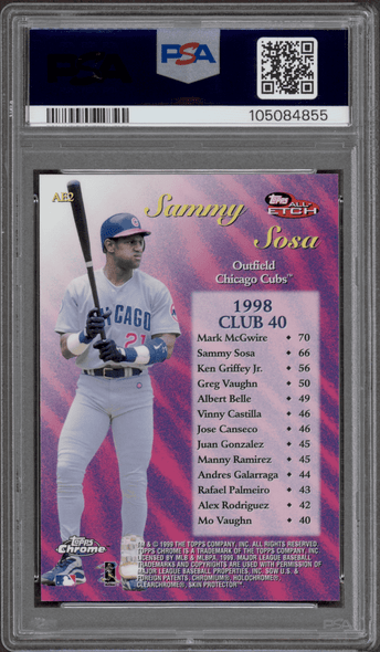 1999 Topps Chrome Sammy Sosa #AE2 All-Etch Chicago Cubs PSA 9 back of card 1999 Topps Chrome Sammy Sosa #AE2 All-Etch Chicago Cubs PSA 9 back of card