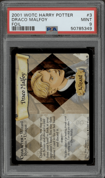 2001 WOTC Harry Potter Draco Malfoy #3 Foil PSA 9 front of card 2001 WOTC Harry Potter Draco Malfoy #3 Foil PSA 9 front of card