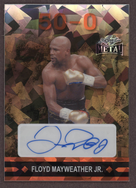 2024 Leaf Collective Floyd Mayweather / Goldberg #MU-15 Multi Mash-UPs Crystal Orange, #3/8 HOF On-Card Autograph EX front of card