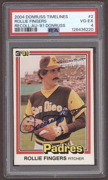 2004 Donruss Timelines Rollie Fingers #2 Recolletion Collection Autograph San Diego Padres HOF On-Card Autograph PSA 4 front of card