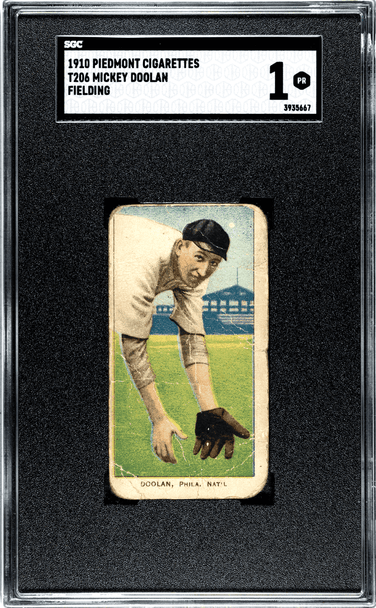 1910 T206 Mickey Doolan Piedmont 350 Fielding Factory No. 25 Philadelphia Nat'l SGC 1 front of card