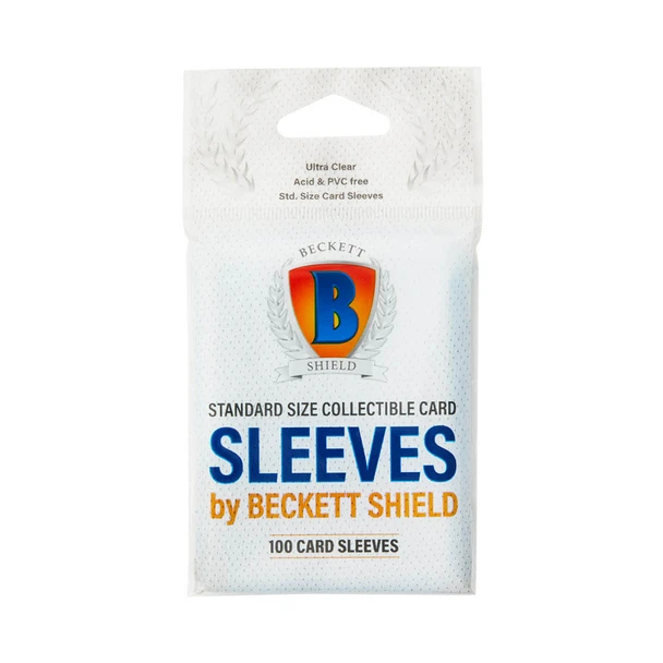 Beckett Shield Standard Card Sleeves (100 Ct.) white retail pack front, detail view