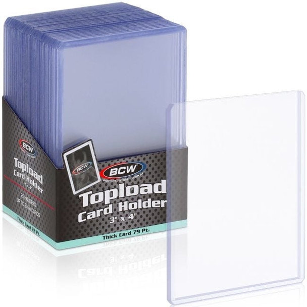 BCW Thick Card Topload Holder - 79 Pt. 25 Ct. retail box with a loose toploader, detail view