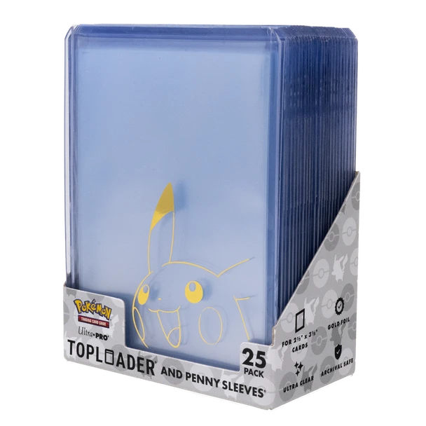 Ultra Pro Pokemon Pikachu 3x4 Toploader & Soft Sleeve Combo Pack Pikachu retail box with toploaders and sleeves, detail view