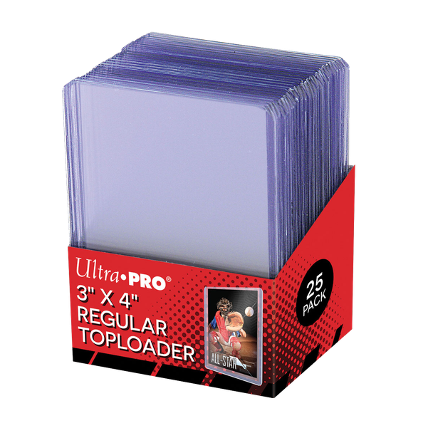 Ultra Pro 3x4 Regular Toploaders (25 Ct.) retail display of 25 toploaders, detail view