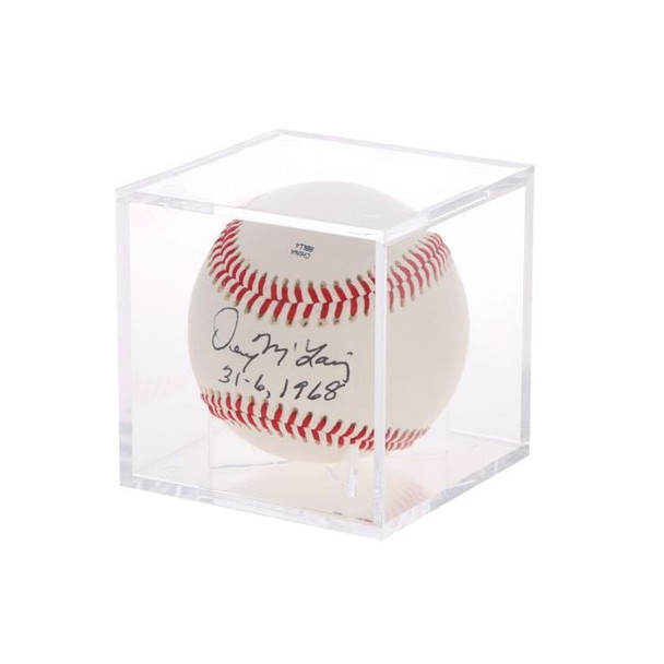 BCW Showcase Ball Holder baseball in a clear display case, detail view