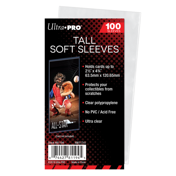 Ultra Pro Tall Card Sleeves (100 Ct.) retail package front, detail view