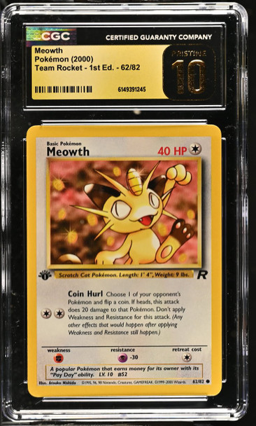 2000 Pokemon Team Rocket Meowth #62/82 1st Edition CGC Pristine 10 front of card