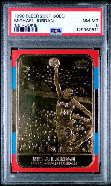 1998 Fleer Michael Jordan 23KT Gold '86 Rookie Reprint Chicago Bulls HOF PSA 8 front of card