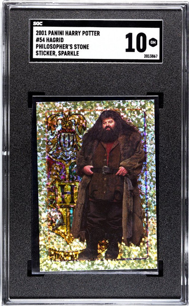 2001 Panini Harry Potter Hagrid #54 Philosopher's Stone Sticker, Sparkle SGC 10 front of card