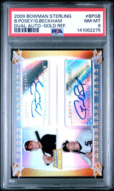 2009 Bowman Sterling Buster Posey / Gordon Beckham #DA-BPGB Dual Autographs Gold Refractor 22/25 San Francisco Giants / Chicago White Sox Sticker Autograph PSA 8 front of card
