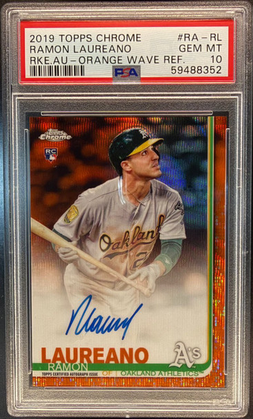 2019 Topps Chrome Ramon Laureano #RA-RL Rookie Autographs Orange Wave Refractor /25 Oakland Athletics On-Card Autograph RC PSA 10 front of card