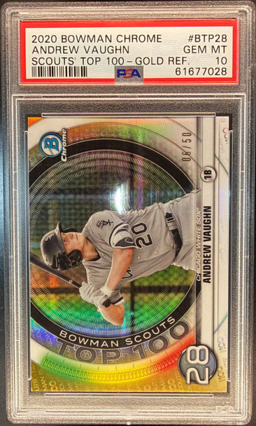 2020 Bowman Chrome Andrew Vaughn #BTP-28 Bowman Scouts' Top 100 Gold Refractor 08/50 Chicago White Sox PSA 10 front of card