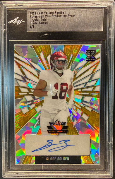 2022 Leaf Valiant Football Slade Bolden Autograph Pre-Production Proof Crystal Gold 1/1 Alabama Crimson Tide Sticker Autograph front of card