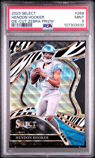 2023 Panini Select Hendon Hooker #268 Club Level Die-Cut Zebra Prizm Detroit Lions RC PSA 9 front of card