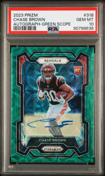 2023 Panini Select Chase Brown #318 Autograph Green Scope /75 Cincinnati Bengals Sticker Autograph RC PSA 10 front of card