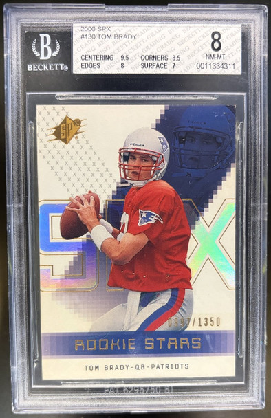 Front of 2000 SPx Tom Brady #130 /1350 RC BGS 8