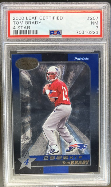 Front of 2000 Leaf Certified Tom Brady #207 4 Star /1500 RC PSA 7