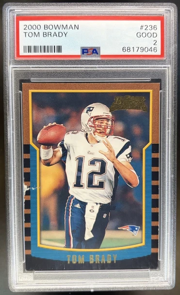 Front of 2000 Bowman Tom Brady #236 RC PSA 2