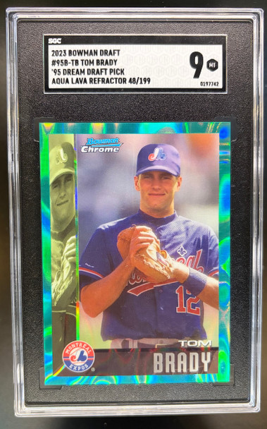 Front of 2023 Bowman Draft Tom Brady #95B-TB Aqua Lava /199 SGC 9