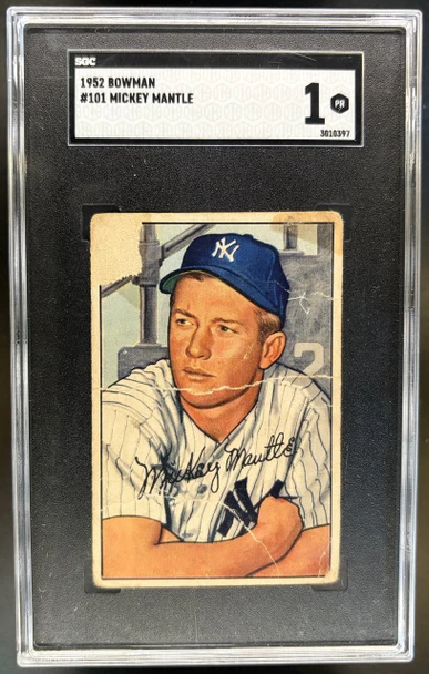 Front of 1952 Bowman Mickey Mantle #101 HOF SGC 1