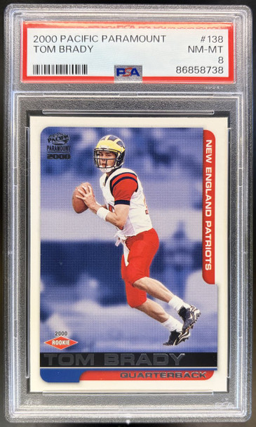 Front of 2000 Pacific Paramount Tom Brady #138 RC PSA 8