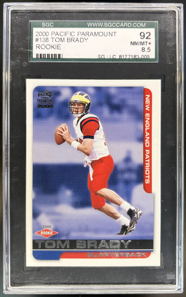 Front of 2000 Pacific Paramount Tom Brady #138 RC SGC 8.5