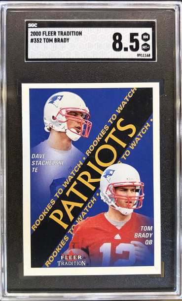 Front of 2000 Fleer Tradition Tom Brady / David Stachelski #352 RC SGC 8.5